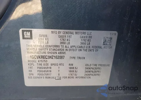 2017 Chevrolet Silverado K1500 Lt from USA, damaged, VIN 1GCVKREC3HZ162087